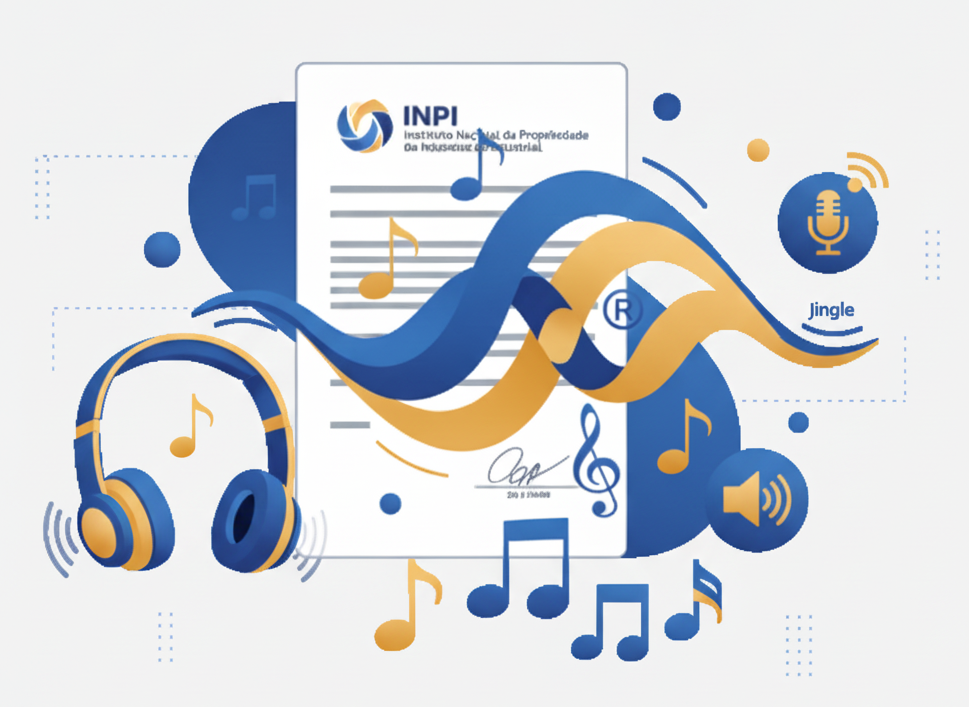 Ilustração profissional representando o registro de marca sonora no INPI, com ondas sonoras azul e dourado, notas musicais e o símbolo de marca registrada (®) sobre um documento oficial.