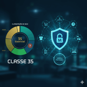 Infográfico sobre marca para e-commerce destacando a importância da Classe 35 do INPI. Mostra um gráfico da Classificação de Nice e um escudo de "Marca Protegida" com ícones de loja virtual.