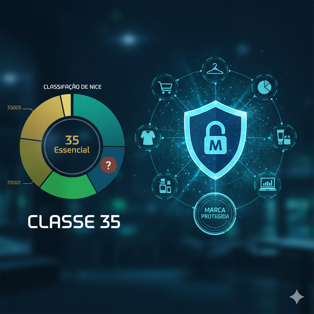 Infográfico sobre marca para e-commerce destacando a importância da Classe 35 do INPI. Mostra um gráfico da Classificação de Nice e um escudo de "Marca Protegida" com ícones de loja virtual.