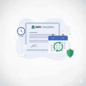 Ilustração flat design sobre renovação de marca no INPI, com certificado, calendário e ícone de proteção.