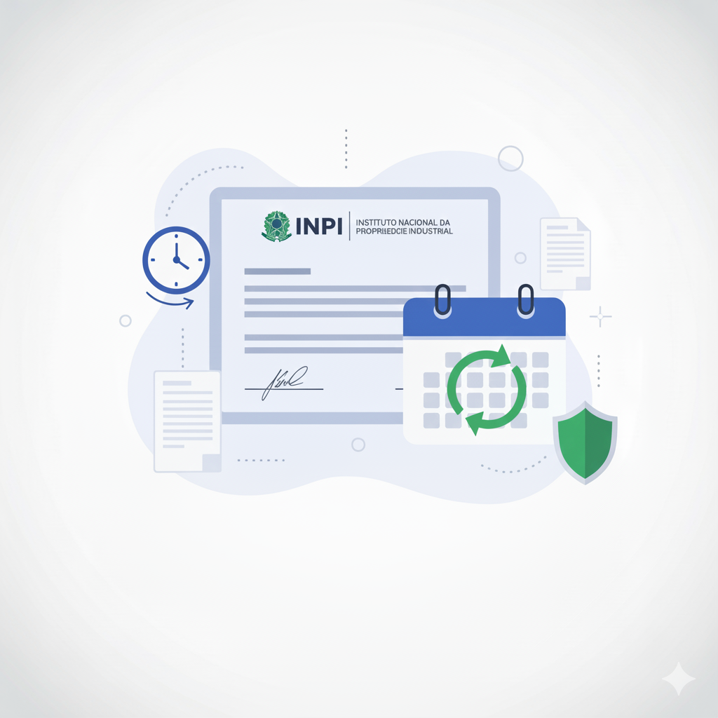 Ilustração flat design sobre renovação de marca no INPI, com certificado, calendário e ícone de proteção.