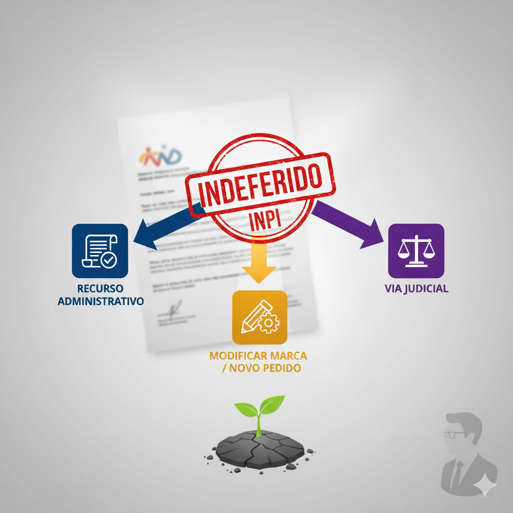 Infográfico mostrando as 3 soluções para marca indeferida no INPI: Recurso Administrativo, Modificar Marca/Novo Pedido e Via Judicial.