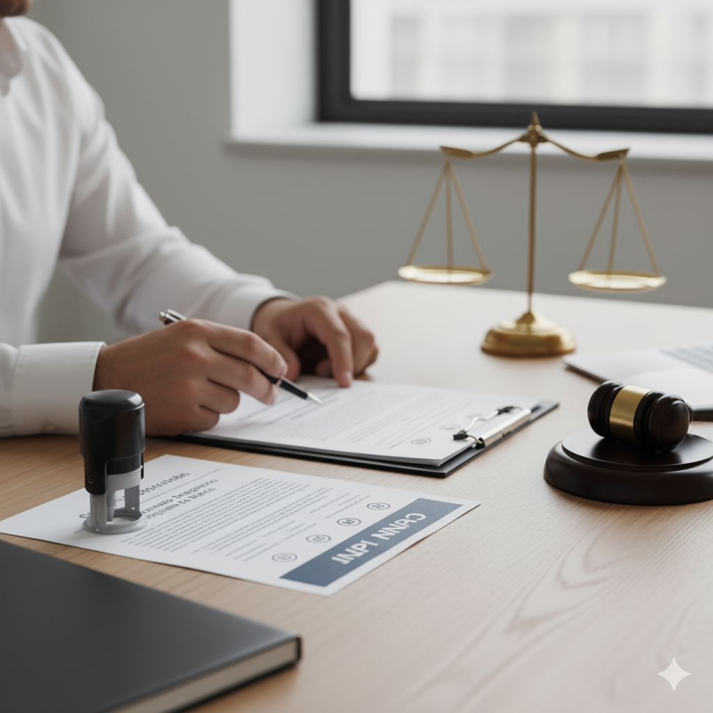 Empresário ou advogado analisando documentos de registro de marca em mesa de escritório com balança da justiça e martelo de juiz ao fundo.