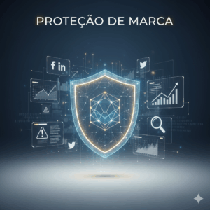 Conceito de proteção de marca digital ilustrado por um escudo azul e dourado protegendo um logo, cercado por gráficos de monitoramento e ícones de redes sociais.