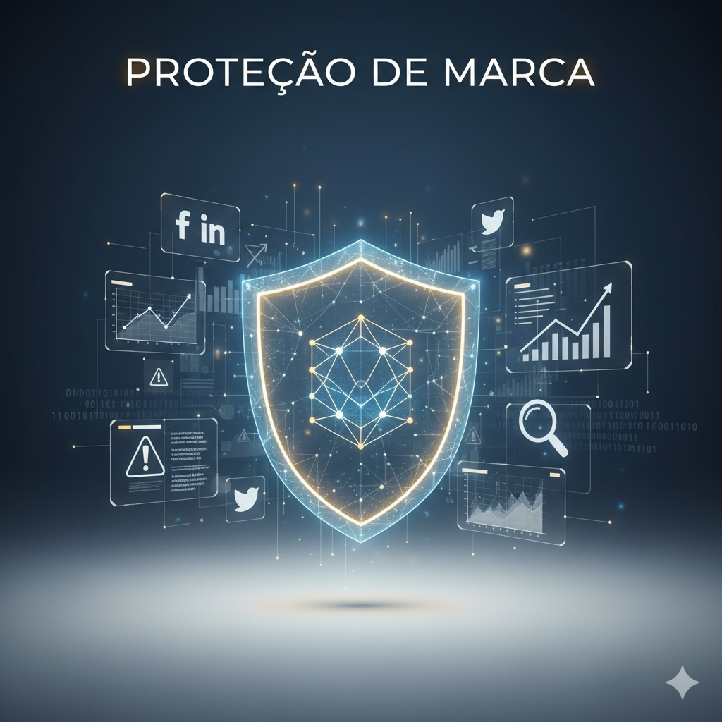 Conceito de proteção de marca digital ilustrado por um escudo azul e dourado protegendo um logo, cercado por gráficos de monitoramento e ícones de redes sociais.