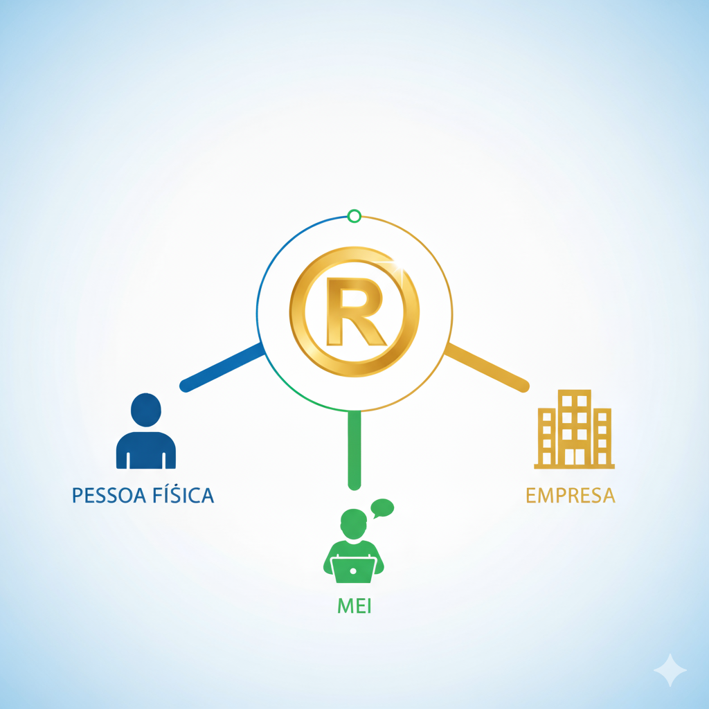 Ilustração de escolhas de negócios com registro de marca: Pessoa Física, MEI e Empresa