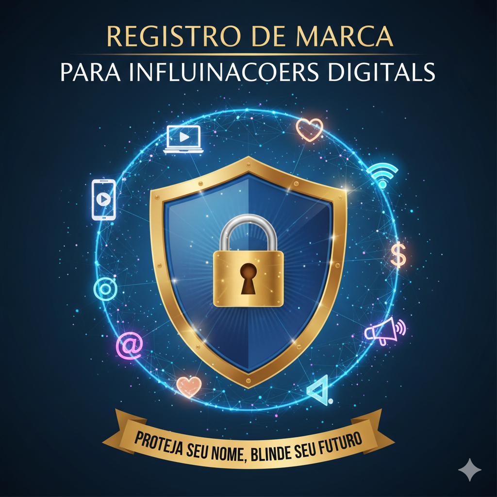 Escudo dourado e azul com cadeado no centro, cercado por ícones de redes sociais e digital, representando proteção de marca para influenciadores digitais no Brasil.